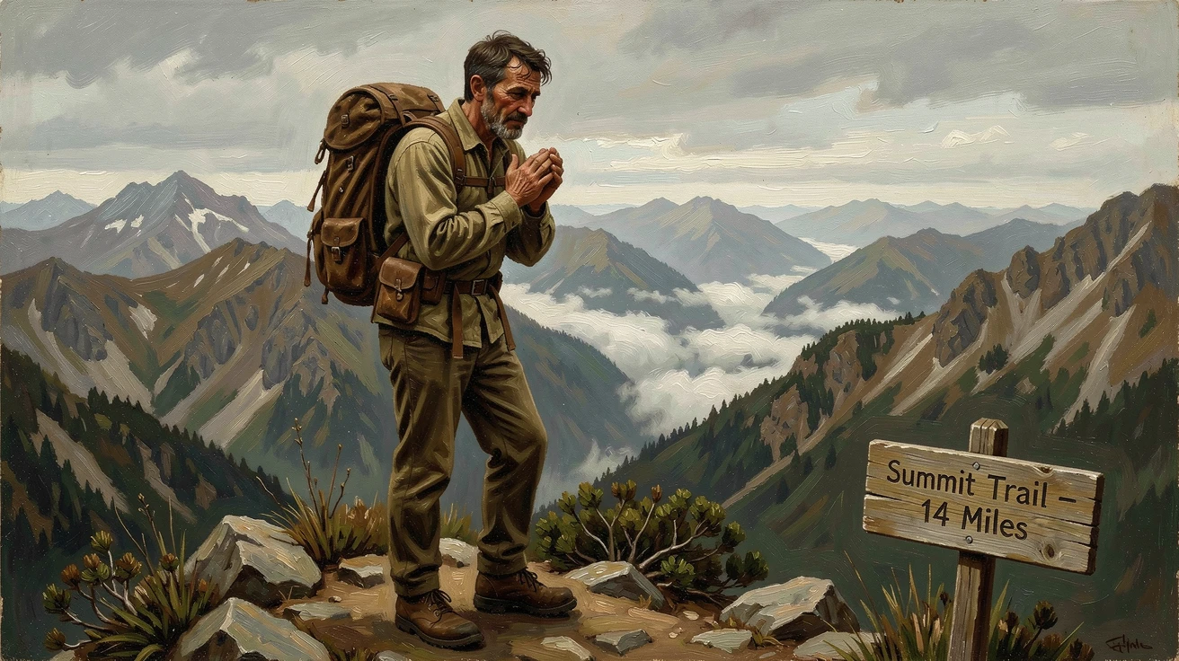 A hiker reaching a breathtaking overlook after a grueling multi-day trek, with hands clasped tightly, conveying connection and support, capturing a powerful moment of hope, resilience, and human triumph