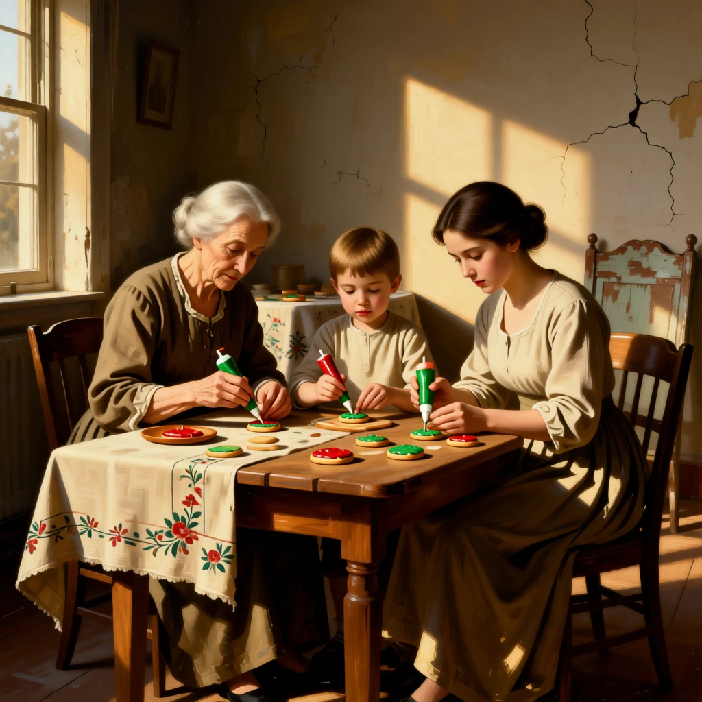 Three generations gathered around a table decorating holiday cookies at the exact instant a memory is quietly being made, set within a cozy home lit by late afternoon sun, with worn, familiar surroundings that speak of years shared together; the arrangement of figures suggests closeness without crowding, suggesting the enduring bonds between generations.