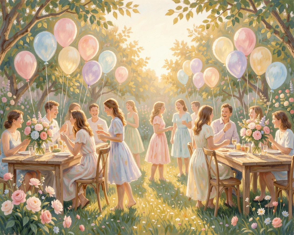 A joyful baby shower gathering in a garden decorated with pastel balloons and floral centerpieces, at golden sunrise.