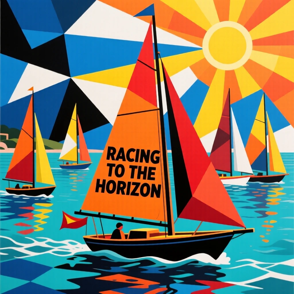 A nostalgic scene featuring a fleet of colorful sailboats racing across a sunlit bay.