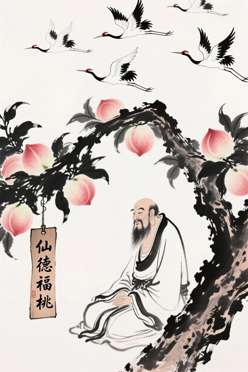 A wise deity sits beneath a peach tree heavy with fruit, as cranes circle gracefully overhead.