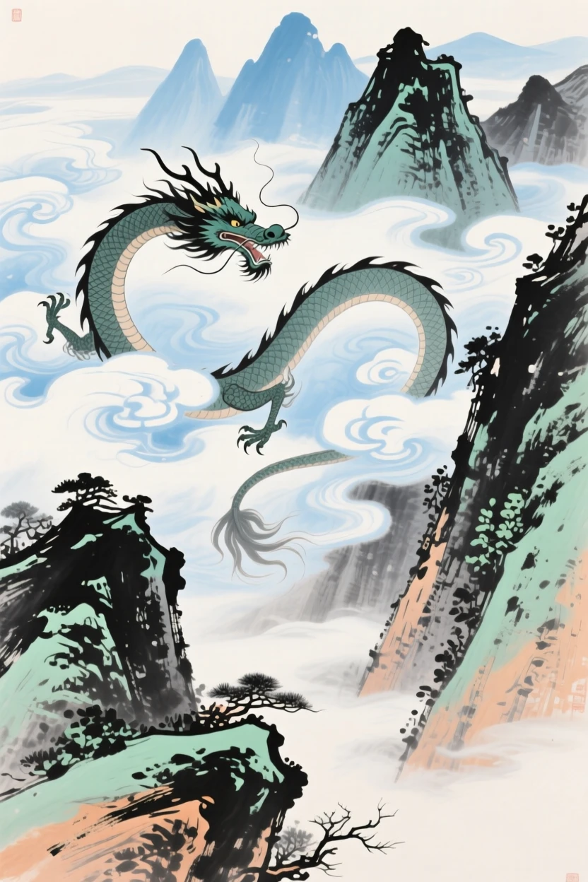A celestial dragon coiling through clouds above a jagged mountain range, in the mild days of early winter, brimming with peaceful contentment.