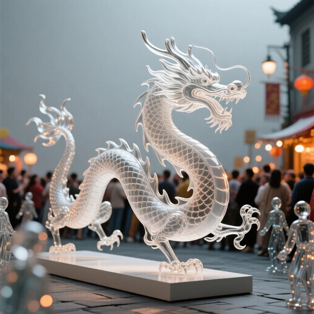 A dragon dance winding through a crowded street festival beneath strings of colorful flags stretched between buildings