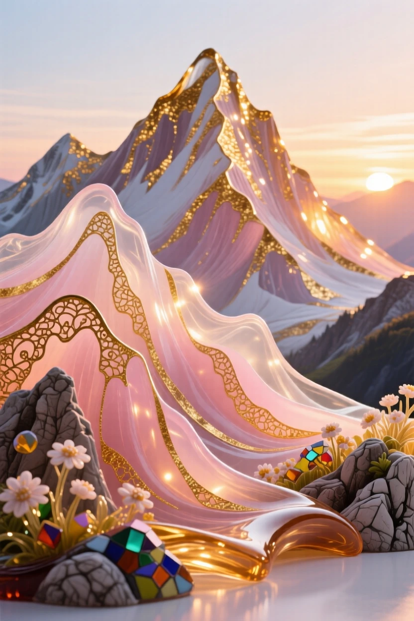 A grand mountain range glowing pink and gold at the very first light of dawn, majestic and vast.