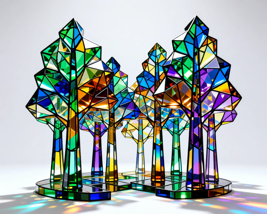 A dreamlike forest where trees are made of stained glass, light filtering through in color.