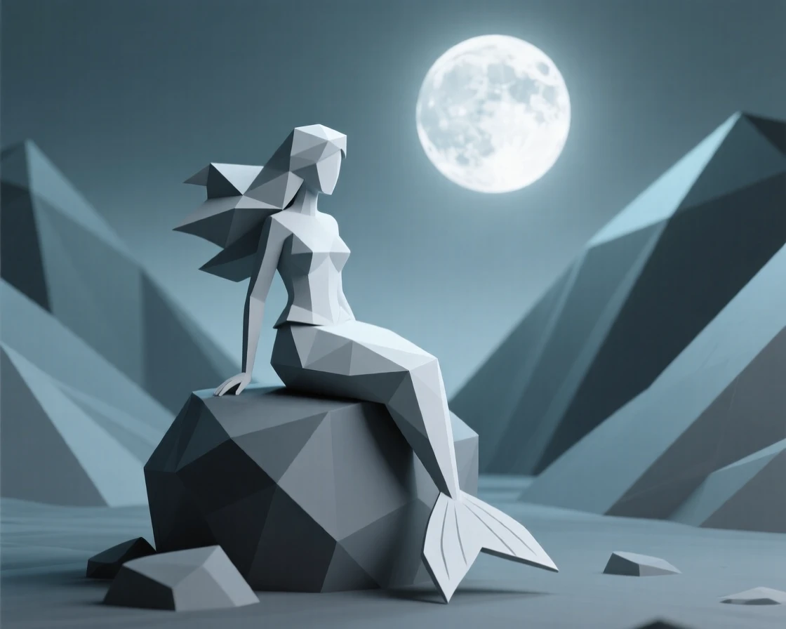 A mermaid perched on a moonlit rock, within a valley shrouded in enchanted mist. the composition frames the subject as a clear focal point. A gentle, magical glow softens the scene.