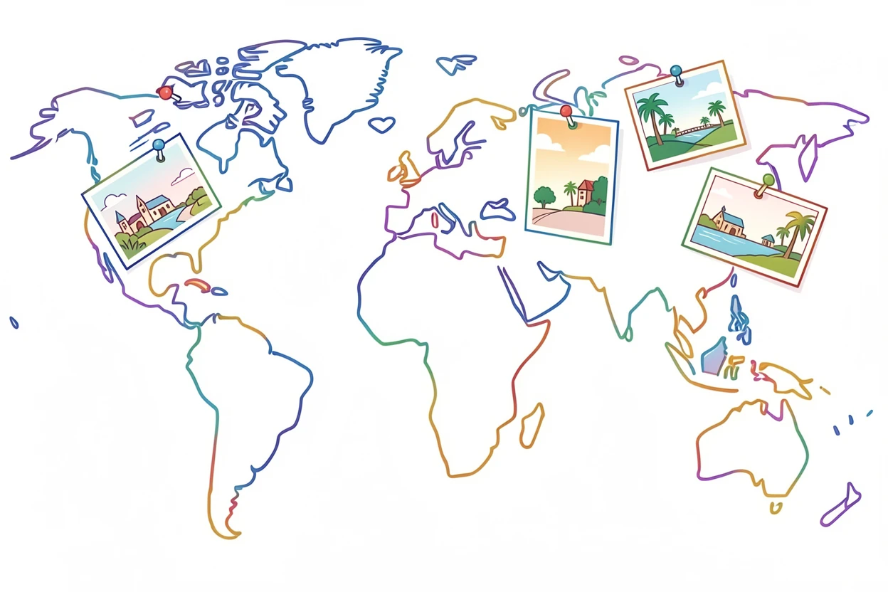 A display of vintage postcards from around the world pinned to a map.