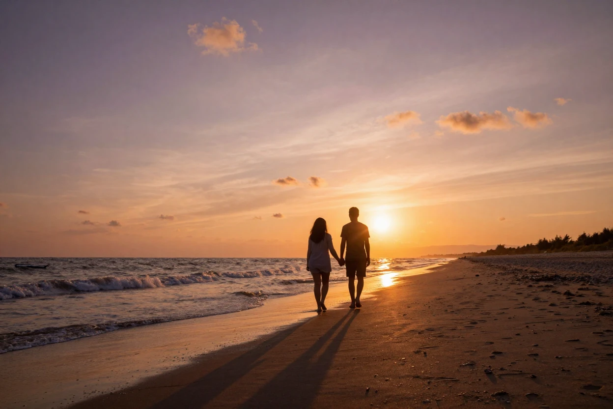 A silhouette of a couple walking along a beach at sunset