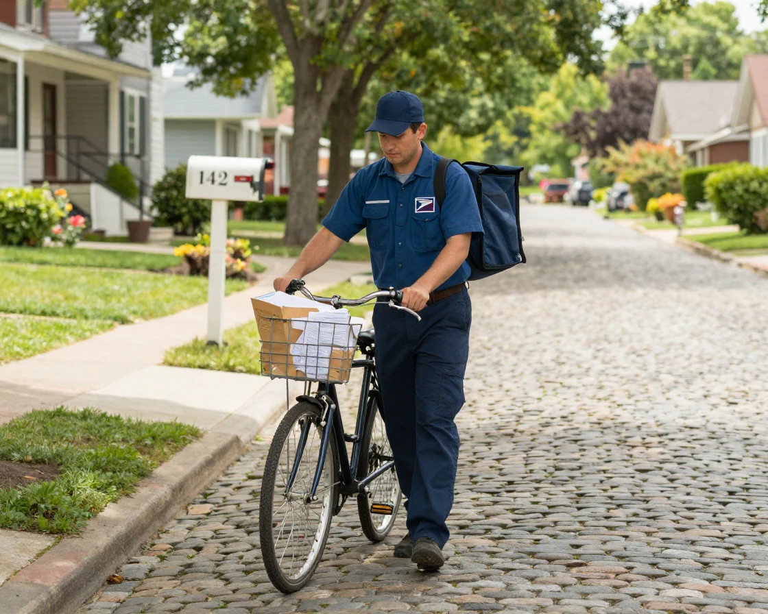 A postal worker delivers mail by bicycle along a quiet cobblestone lane.