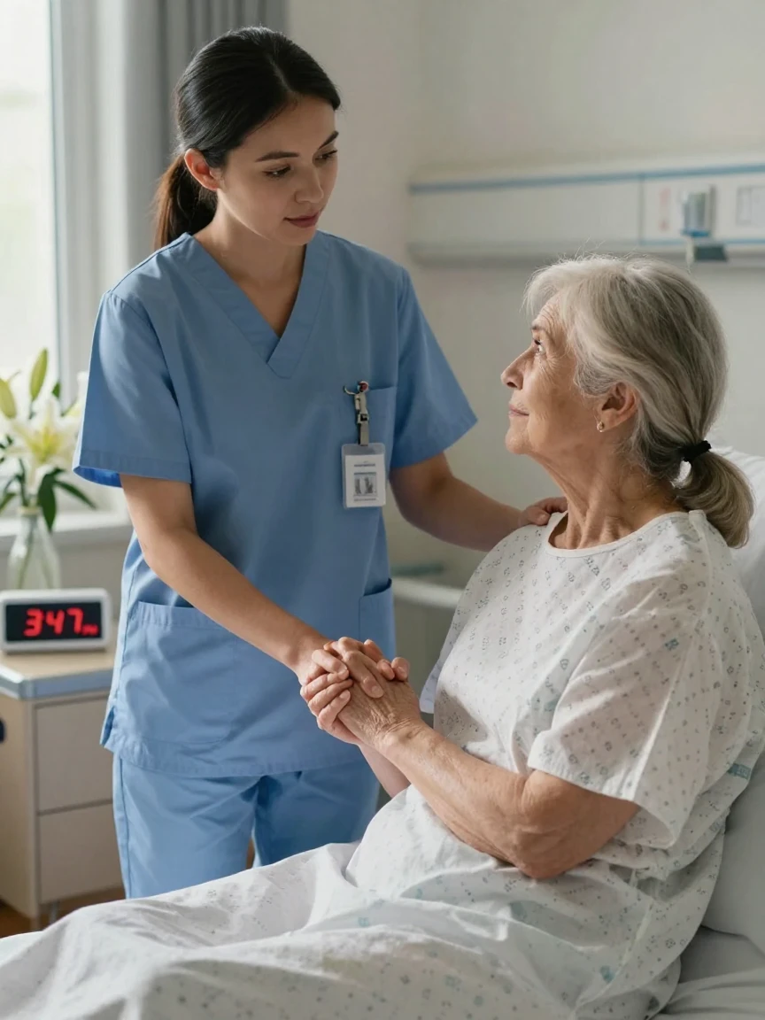 A nurse comforting an elderly patient by holding her hand in a quiet hospital room