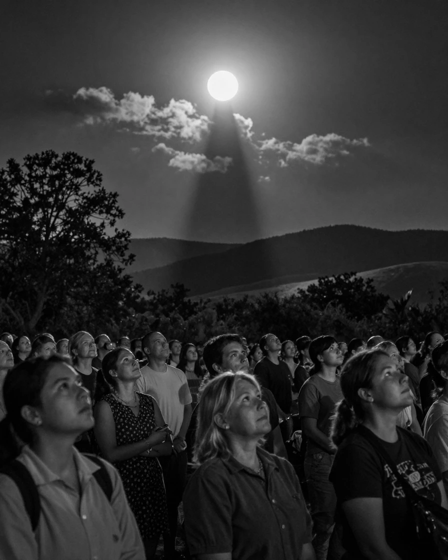 A solar eclipse casts a dark shadow over the landscape above a hushed crowd of viewers.