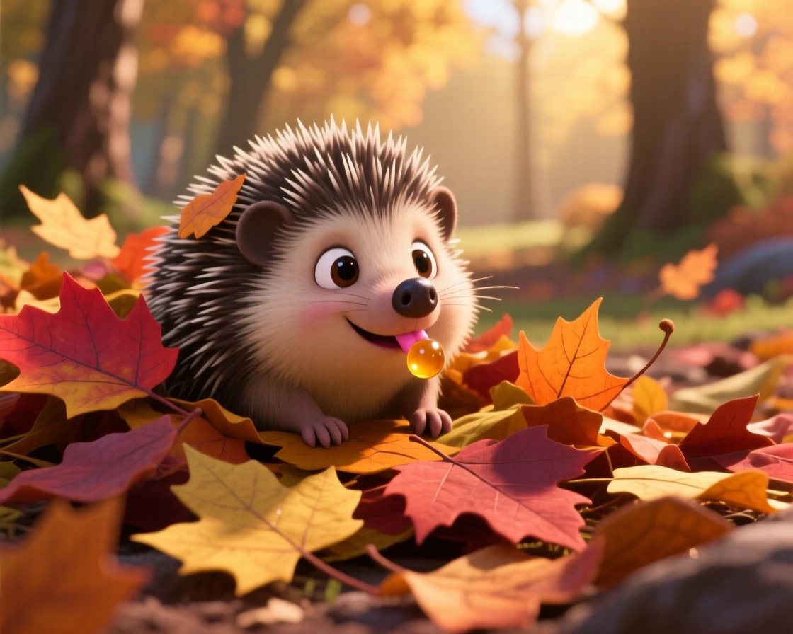 A tiny hedgehog is peeking out from a pile of autumn leaves, licking a drop of honey off its nose. Playful joy radiates from the small creature, with soft light catching its fur.