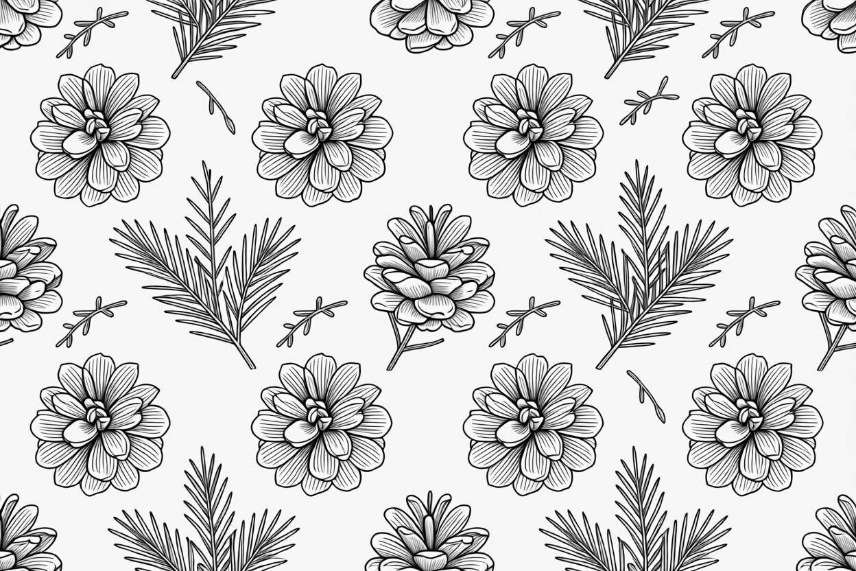 A repeating pattern of pinecones and evergreen branches