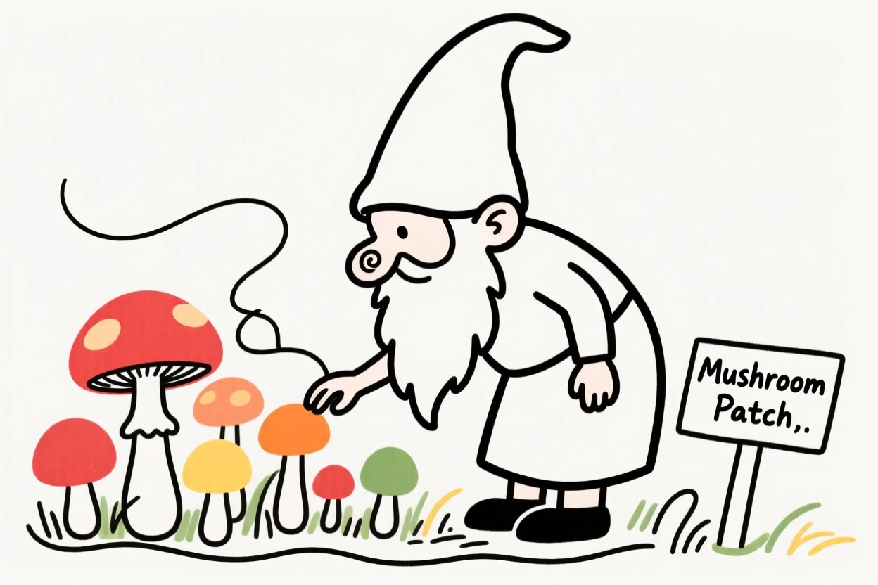 A gnome tending a mushroom garden