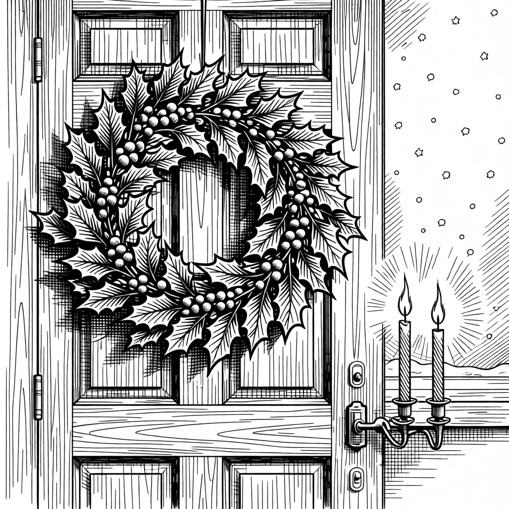A wreath of holly hanging on an old wooden door as snow gently falls outside the window, with candles flickering gently in the breeze, capturing a gently sentimental seasonal moment.