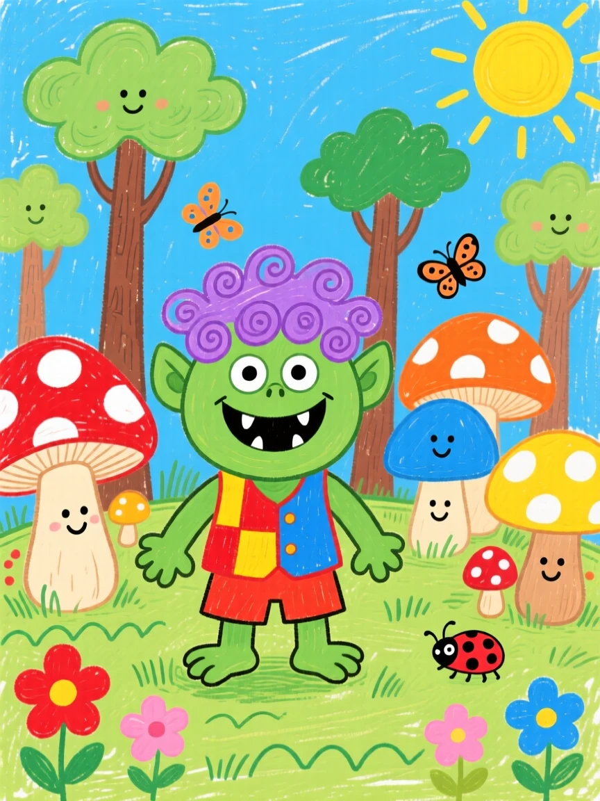 A friendly forest troll tending mushrooms in an enchanted forest clearing.