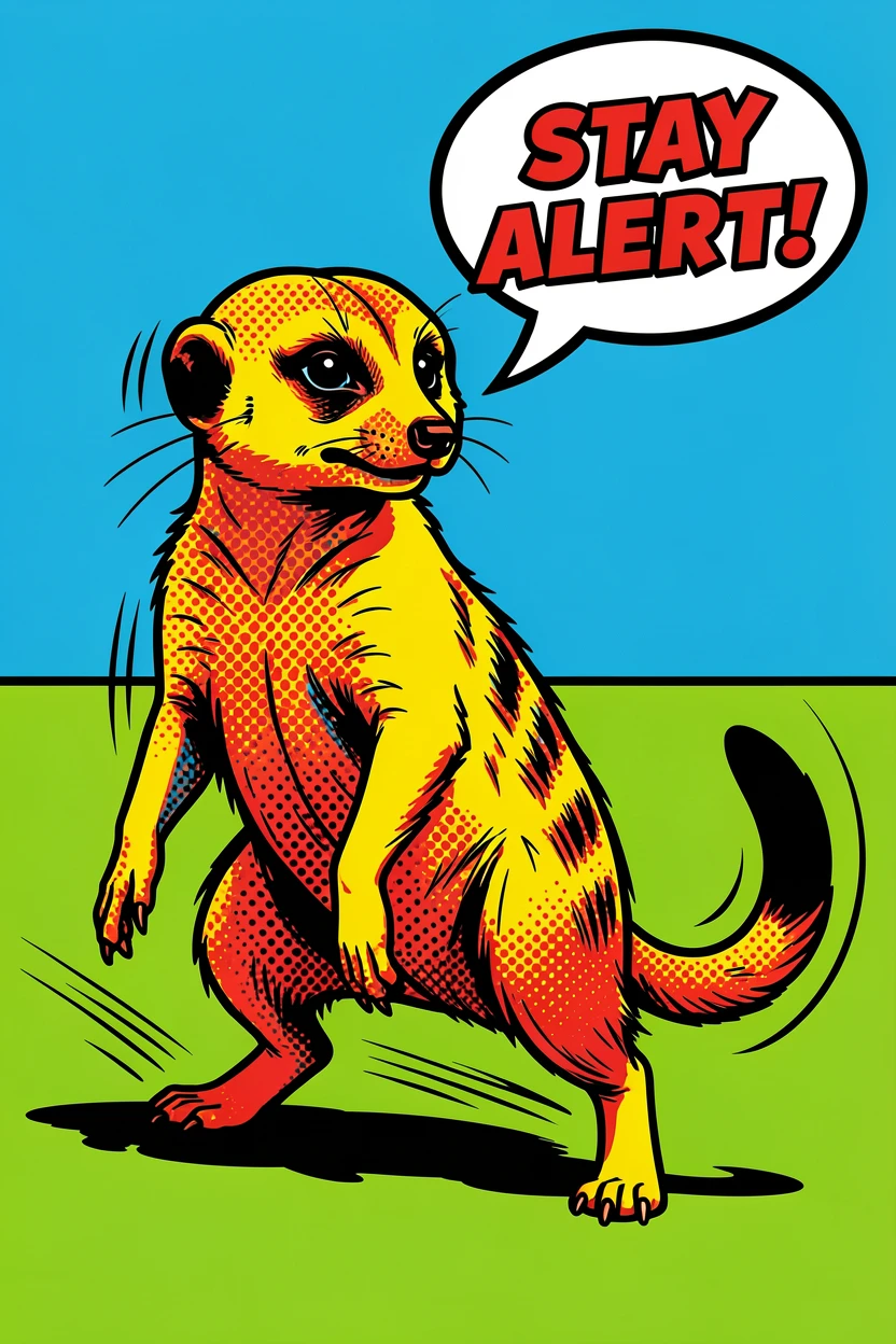 A meerkat standing watch bounding playfully across an open field