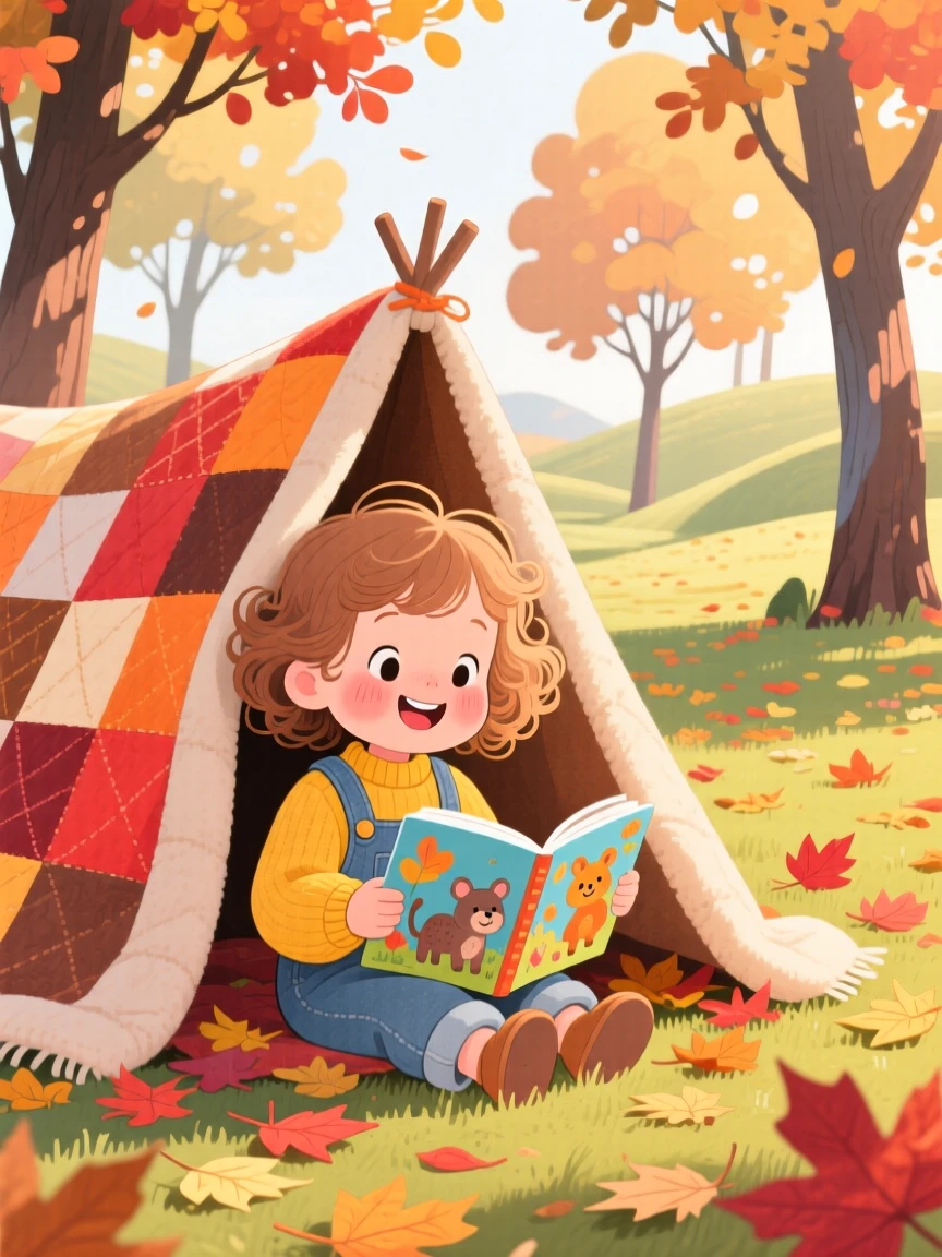 A giggling toddler girl reading a picture book under a blanket fort, in a park filled with autumn leaves, evoking a warm sense of nostalgia.