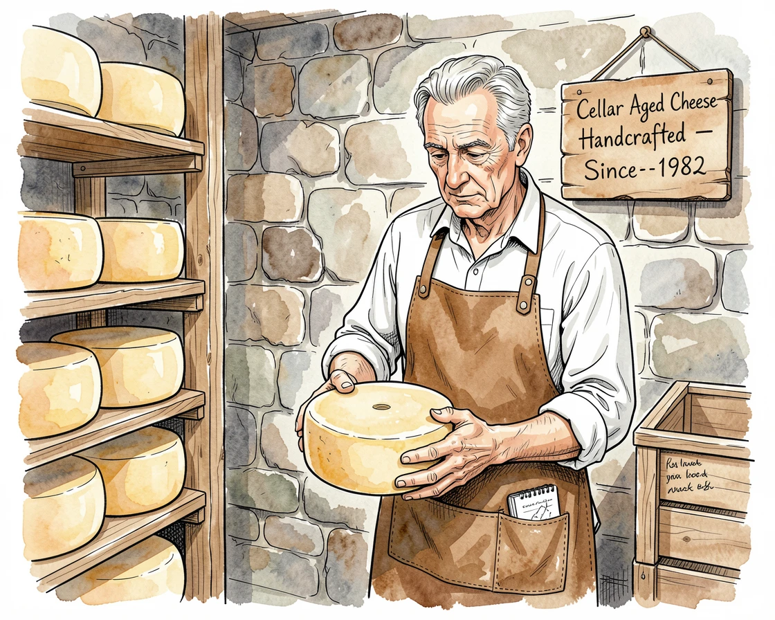 A cheese maker checking wheels of aging cheese in a cool stone cellar, small details revealing years of practiced dedication.