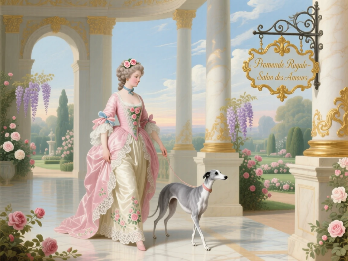 A lady and her greyhound walking through a palace colonnade  