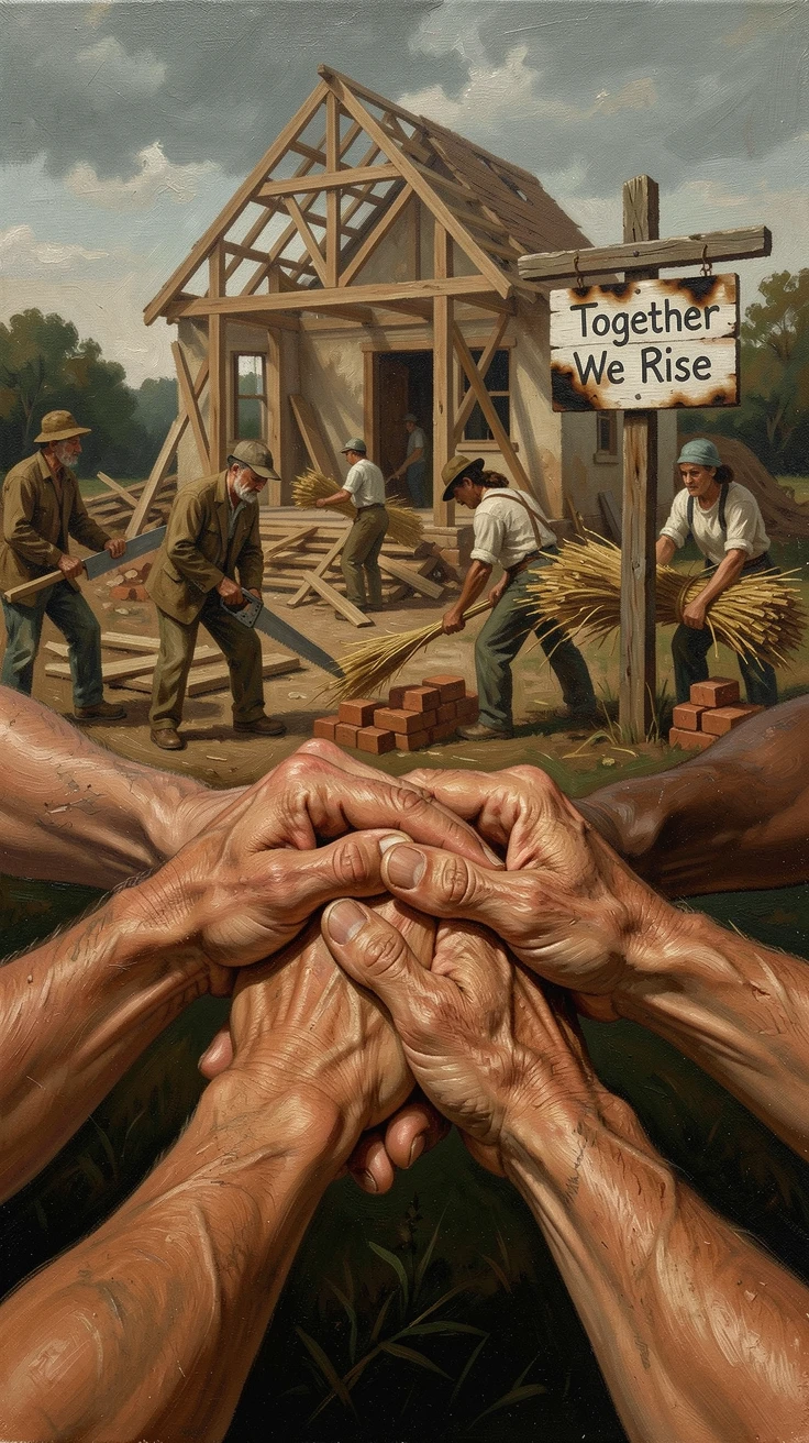 A community coming together to rebuild a home after a natural disaster, with hands clasped tightly, conveying connection and support, designed to inspire and uplift anyone who views it
