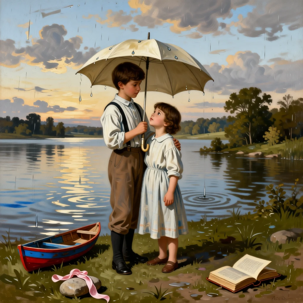 Two young siblings sharing an umbrella in a sudden spring shower at the exact instant a memory is quietly being made, set beside a lakeshore glowing under a soft evening sky, with toys, ribbons, or a forgotten book scattered nearby; the arrangement of figures suggests closeness without crowding, suggesting the enduring bonds between generations.