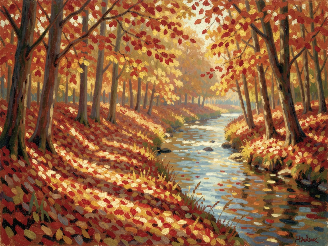 An autumn forest path carpeted in red and gold leaves, dappled light filtering through the canopy onto a wandering stream, radiating joy and gentle celebration.