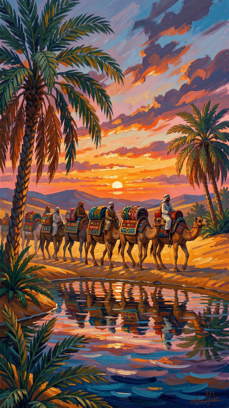A merchant caravan crossing a desert oasis beneath swaying date palms at dusk.
