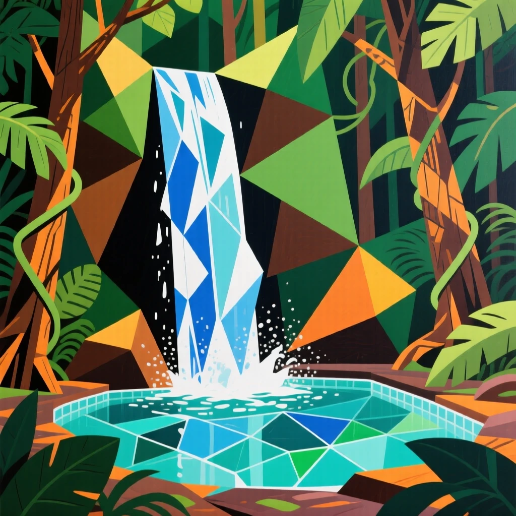 A hidden waterfall cascading into a crystal-clear pool deep within a rainforest.
