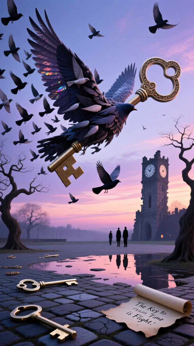 A flock of birds forming the shape of a giant flying key drifts silently beneath a sky painted in soft twilight colors, as the surrounding world holds still in quiet wonder.