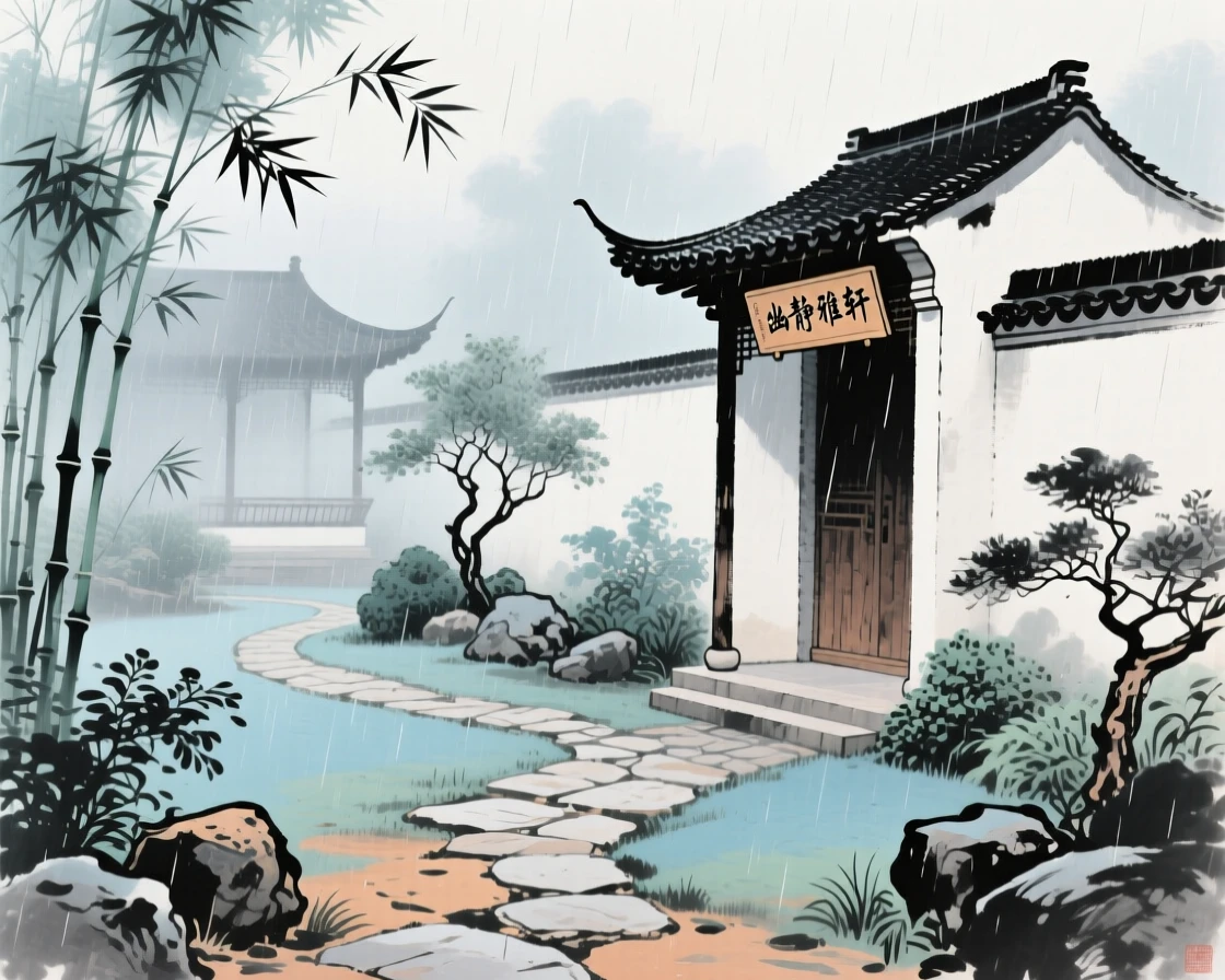 A walled garden with a winding path leading to a hidden pavilion, radiating gentle serenity, in a gentle drizzle.