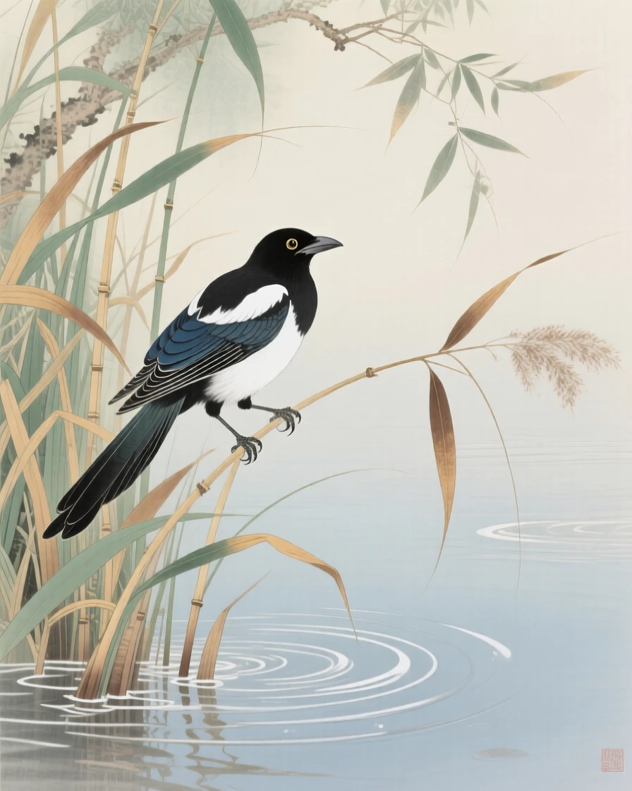 A magpie resting among reeds at the water's edge, soft morning light filtering through the branches