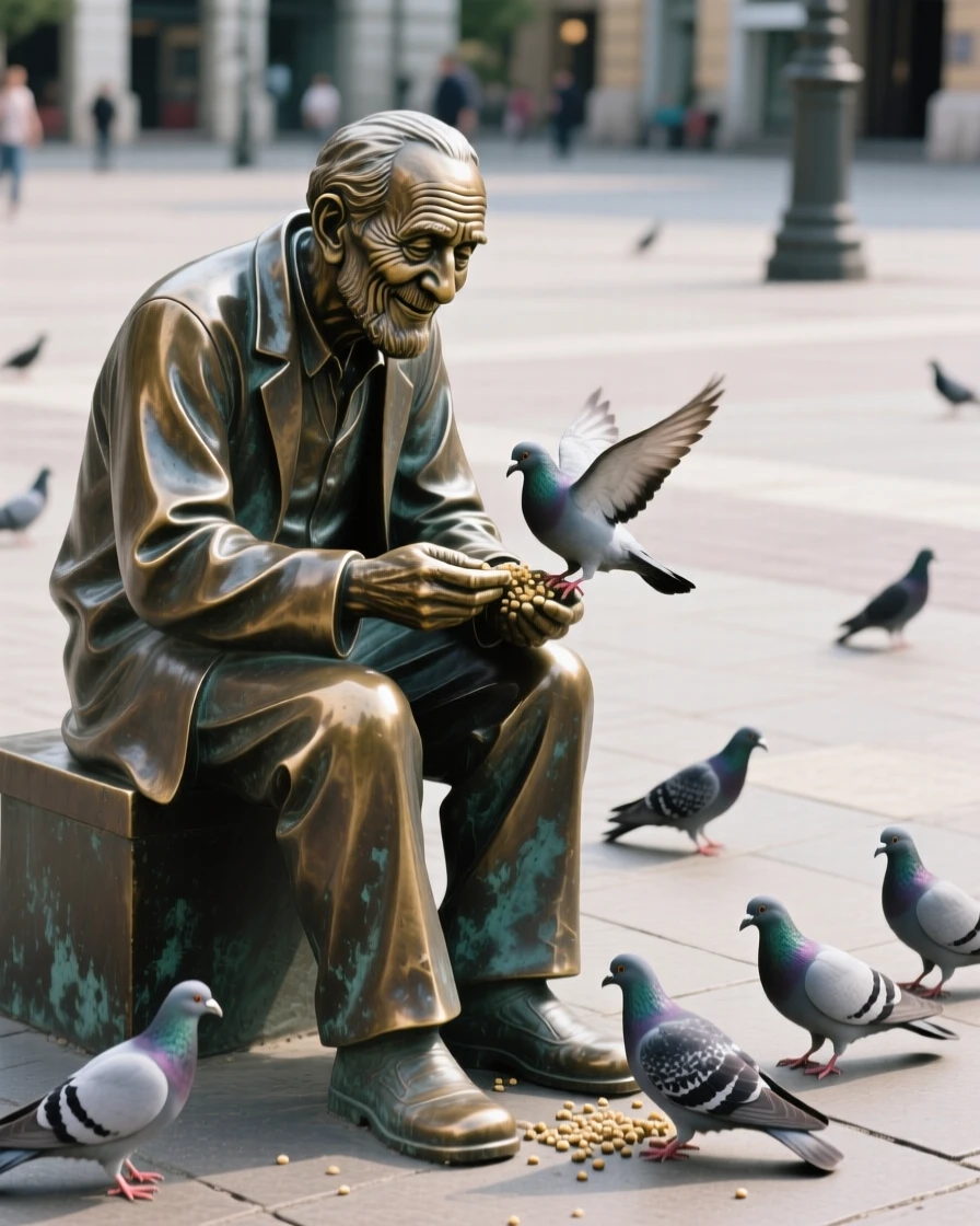 An old man feeding pigeons in a quiet square, with fine, expressive facial detail, forming a strong central focal point