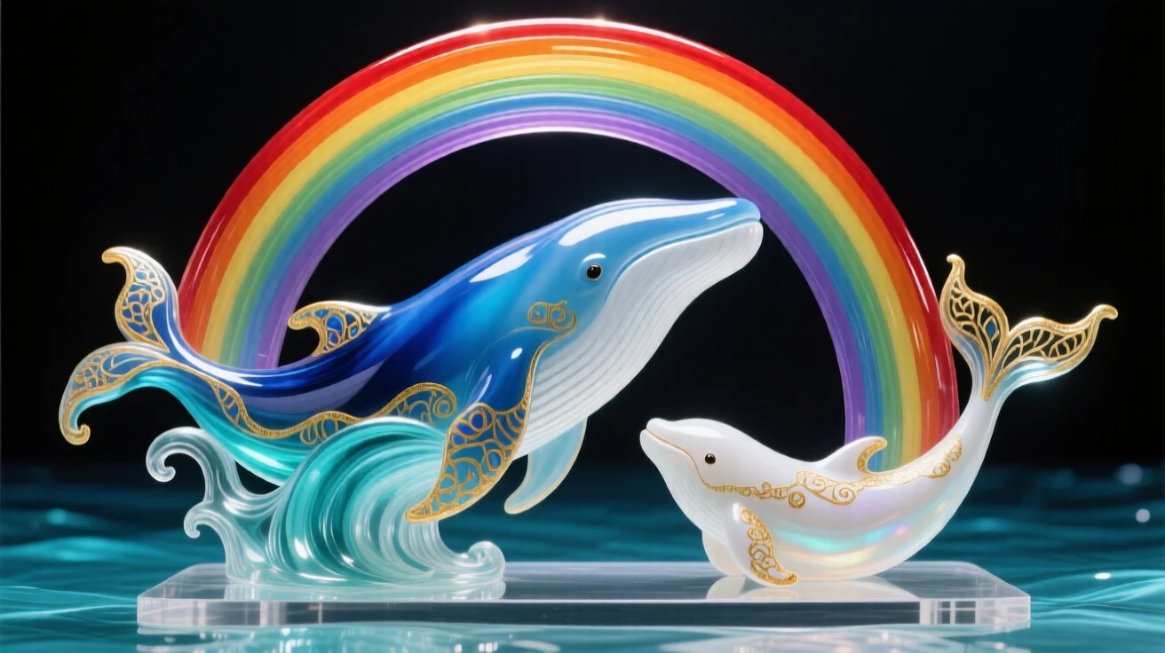 A mother whale breaching gracefully beside her calf beneath a double rainbow, tender and awe-inspiring.
