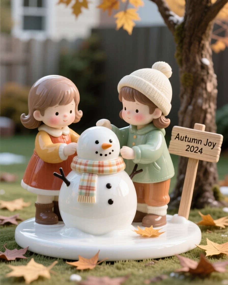 A cozy autumn moment: children building a snowman in a quiet yard, bathed in soft seasonal light.