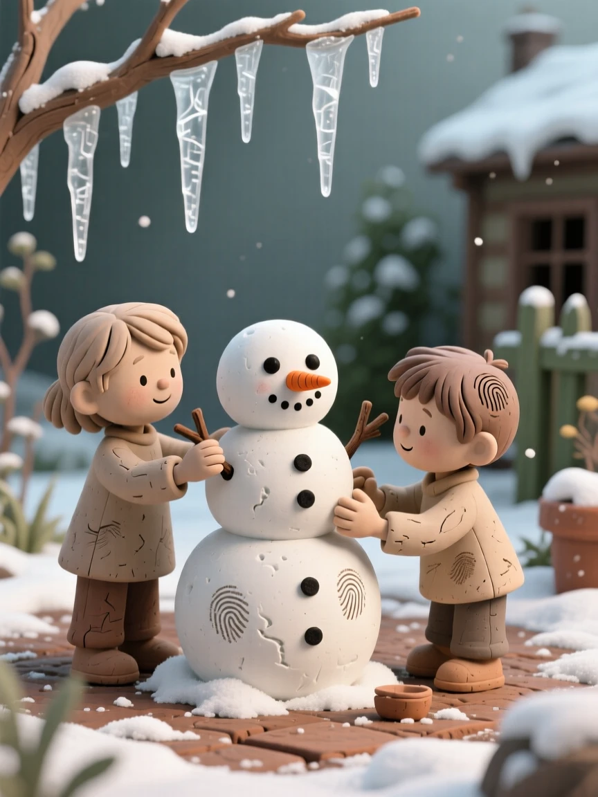 Children building a snowman in a garden decorated with icicles