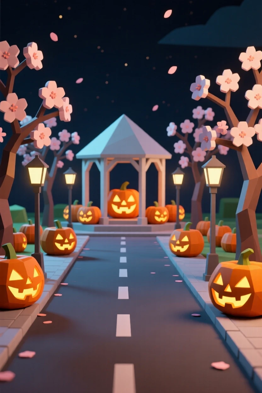 A Halloween night street lined with glowing pumpkins, beneath blooming cherry blossoms. the composition centers on the main celebratory focal point. The mood feels cozy and nostalgic.