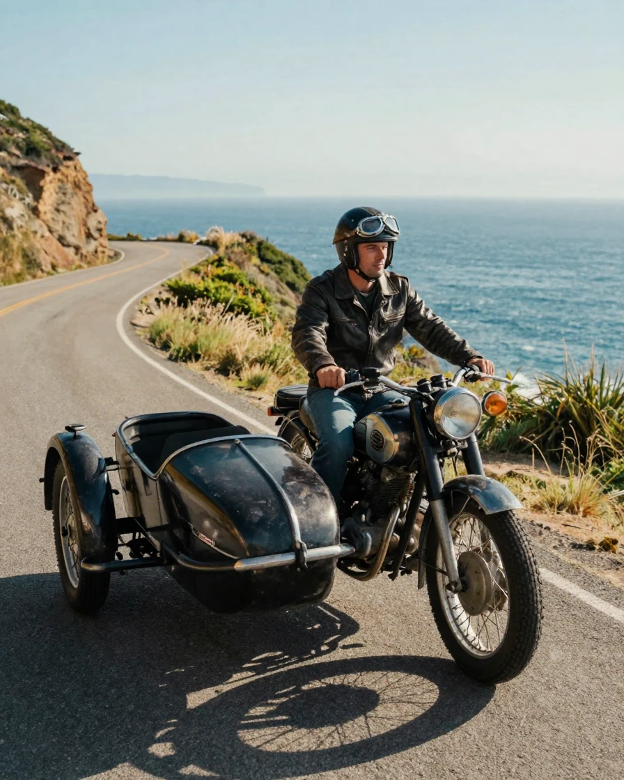 A vintage motorcycle with a sidecar putters along a coastal cliff road.