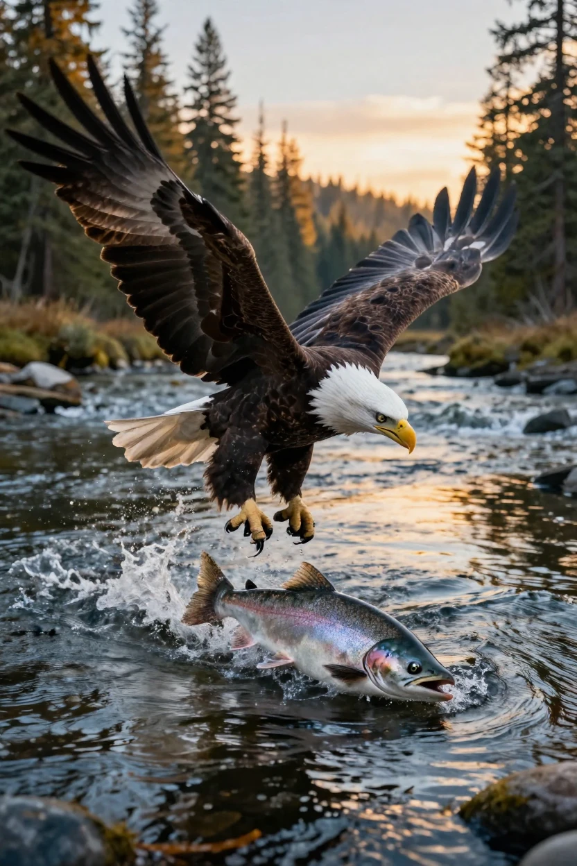 A majestic bald eagle diving toward a river to catch a leaping salmon