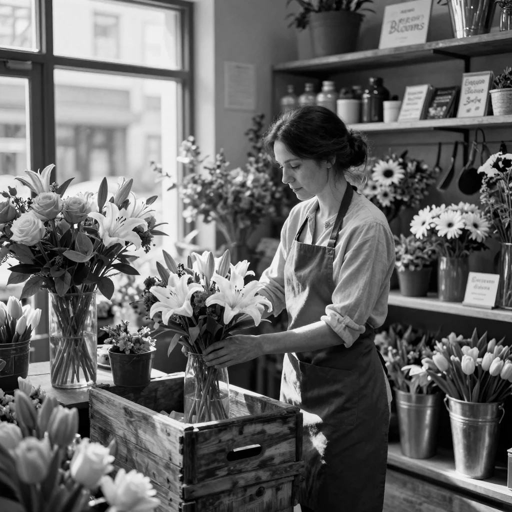 A florist arranges a bouquet of fresh blooms inside a fragrant flower shop.