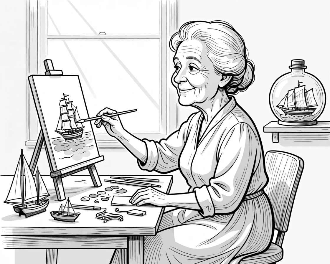 An elderly woman painting watercolors by a window, swinging arms gently in matching, unhurried strides, set at a table cluttered with tiny ship parts. A ship-in-a-bottle sits proudly on a nearby shelf. The image honors a lifetime of stories worth telling.