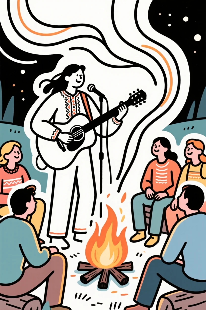A folk singer strumming a guitar around a campfire with friends.