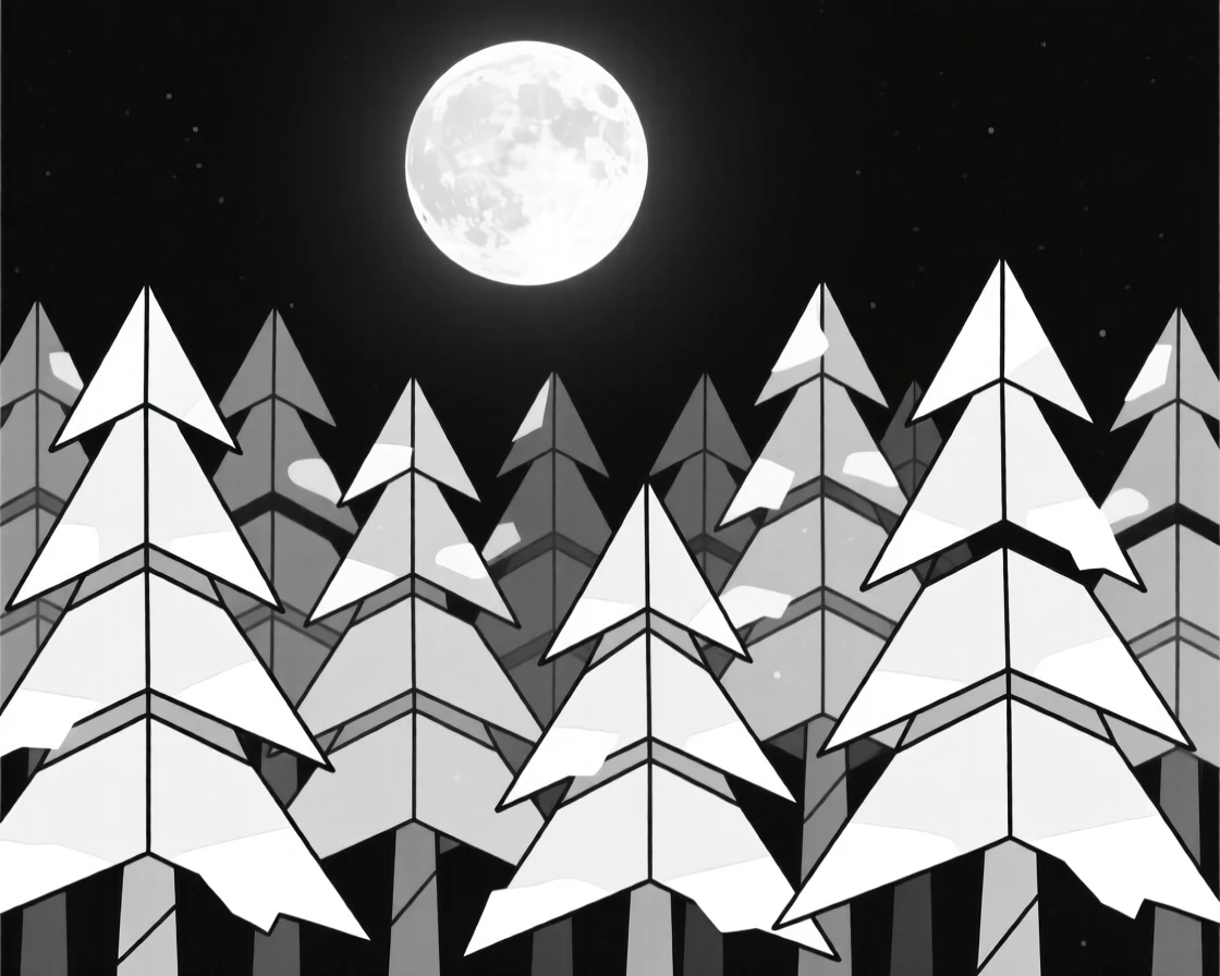 A snow-dusted pine forest under a full moon
