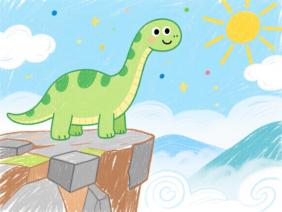 A gentle long-necked brontosaurus on a rocky cliff overlooking a misty valley.