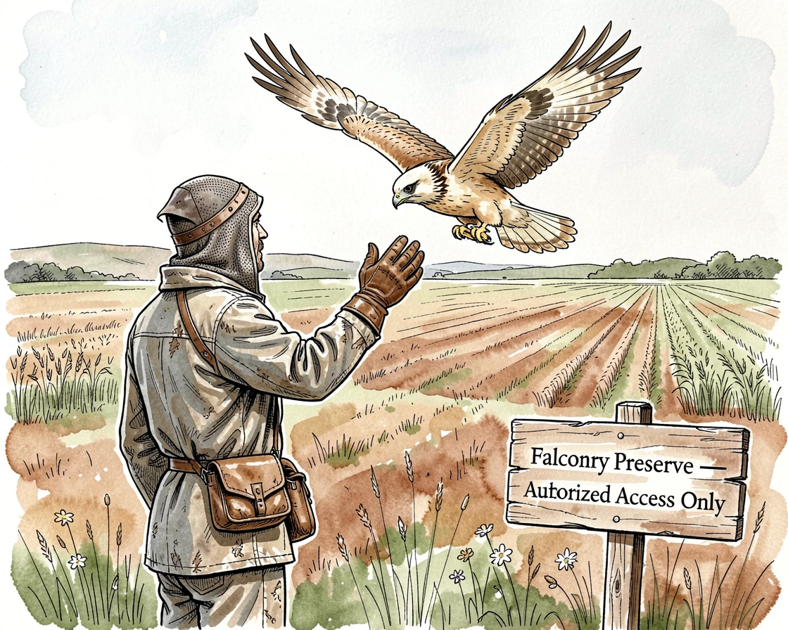 A falconer releasing a hawk into flight over open farmland, small details revealing years of practiced dedication.