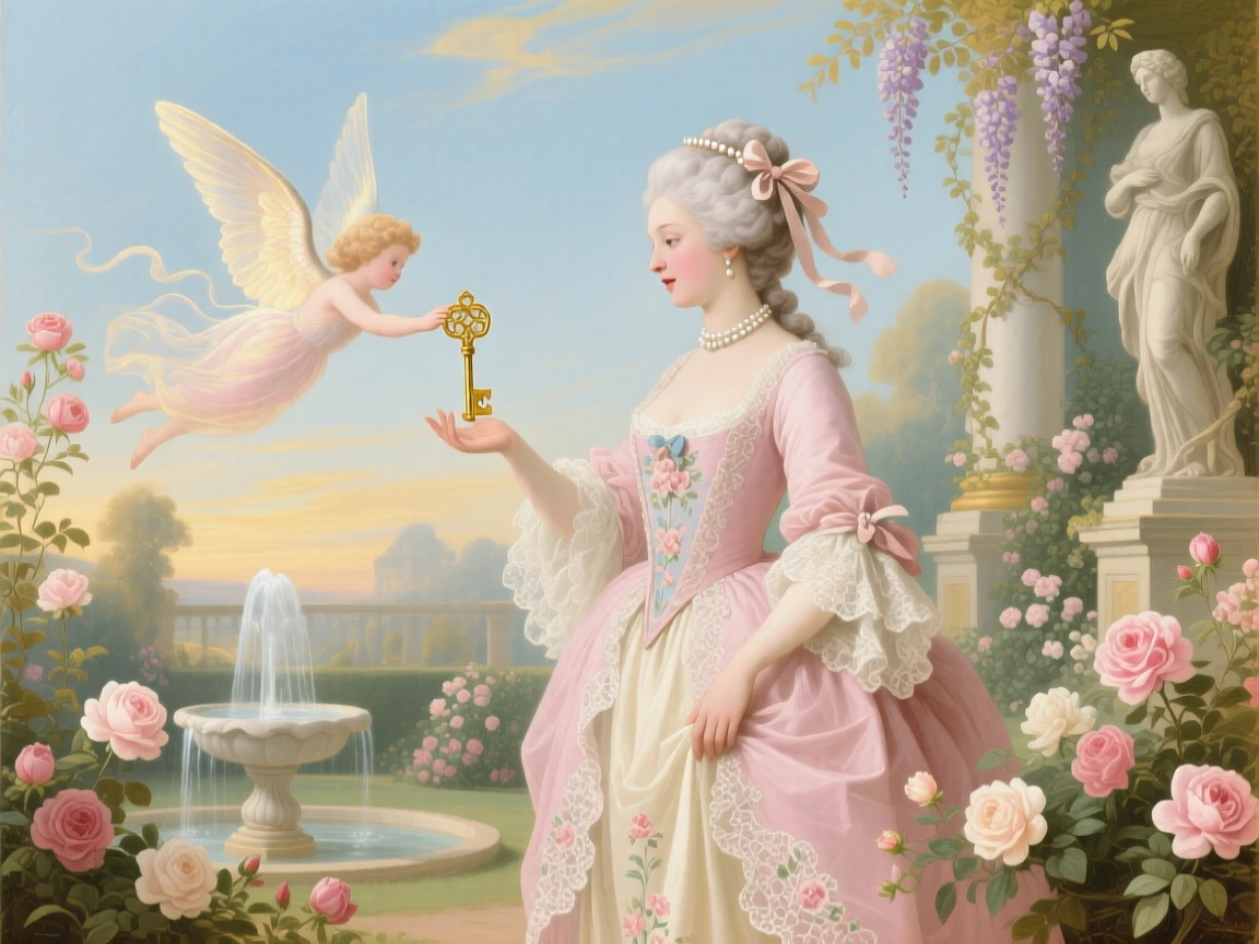 A princess receiving a tiny golden key from a winged messenger  