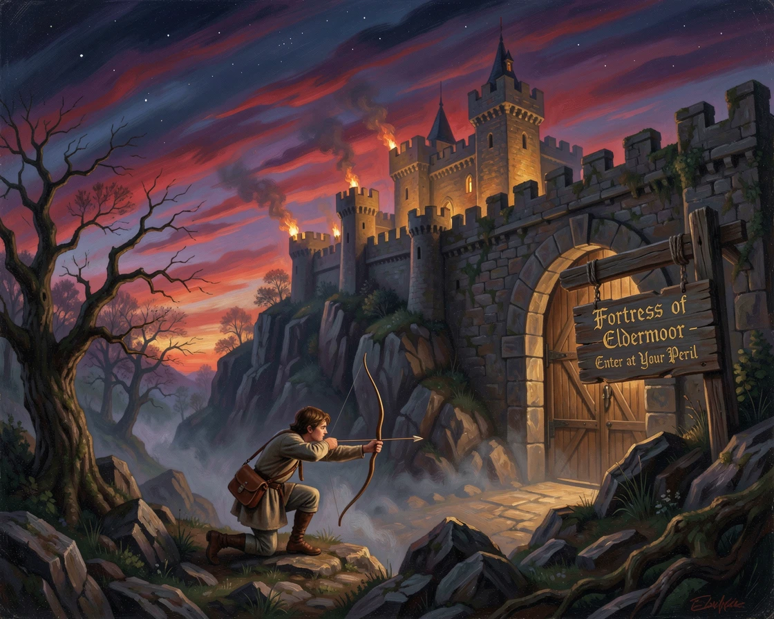 A young page lays siege to a castle glowing with torchlight at night beneath a sky streaked with color.