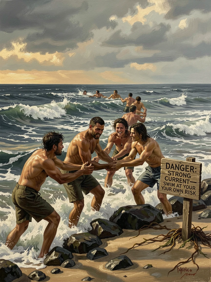 A group of strangers forming a human chain to rescue someone from rough surf, as golden, hopeful light fills the entire scene, capturing a powerful moment of hope, resilience, and human triumph