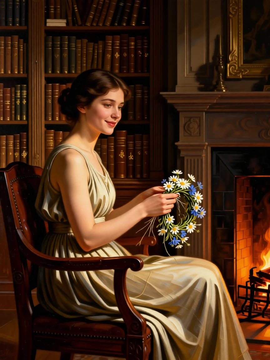 A shepherdess weaving a crown of wildflowers captured in a quiet, introspective moment, set within a book-lined study warmed by a crackling fire, with a faint, knowing smile just touching the corner of the mouth; the pose is turned gently off-center for a natural, candid feel, capturing grace under the weight of everyday devotion.