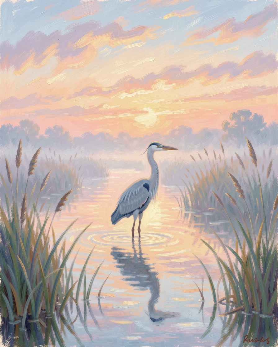 A great blue heron standing motionless in a misty marsh at dawn, reflection perfectly still in the water, under a glowing sunset sky, radiating joy and gentle celebration.